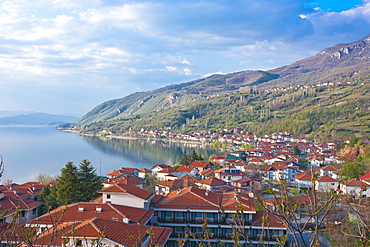 View over the Ohrid Lake and a little village, Macedonia, Europe