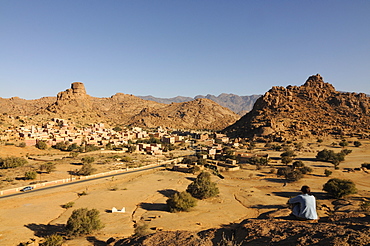 Tourist relaxing in the magical landscape of Tafraoute, Southern Morocco, North Africa, Africa