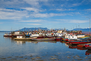 Many little boats in the harbour of Puerto Natales, Patagonia, Chile, South America 