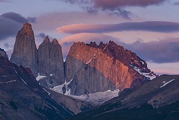 Early morning light on the towers of the Torres del Paine National Park, Patagonia, Chile, South America 