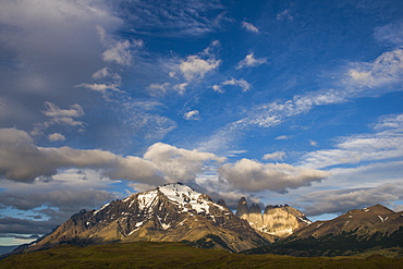 Early morning light on the towers of the Torres del Paine National Park, Patagonia, Chile, South America 