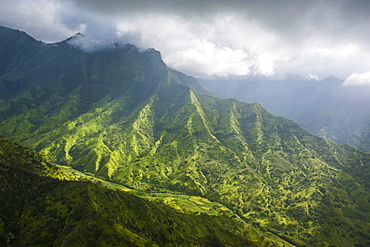 Aerial of the rugged interior of the island of Kauai, Hawaii, United States of America, Pacific