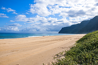 Long sandy beach in the Polihale State Park, Kauai, Hawaii, United States of America, Pacific