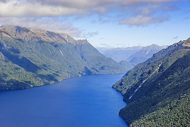 Aerial of a huge fjord in Fiordland National Park, UNESCO World Heritage Site, South Island, New Zealand, Pacific