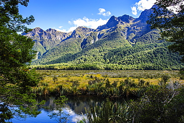 Mountains reflecting in the Mirror Lakes, Eglinton Valley, South Island, New Zealand, Pacific