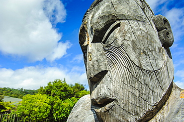 Traditional wood carved mask in the Te Puia Maori Cultural Center, Rotorura, North Island, New Zealand, Pacific