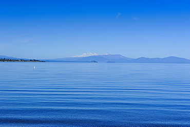 The blue  waters of Lake Taupo with the Tongariro National Park in the background, Waikato Region, North Island, New Zealand, Pacific