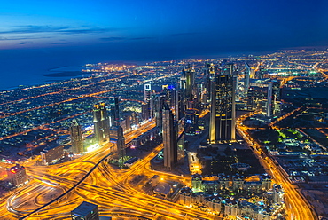 View over Dubai from Burj Khalifa at night, Dubai, United Arab Emirates, Middle East