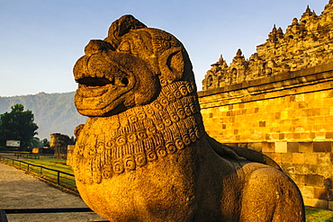 Lion head in the temple complex of Borobodur, UNESCO World Heritage Site, Java, Indonesia, Southeast Asia, Asia