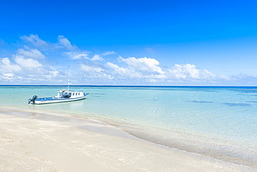 Little boat anchoring on a little islet in Haapai, Haapai Islands, Tonga, South Pacific, Pacific