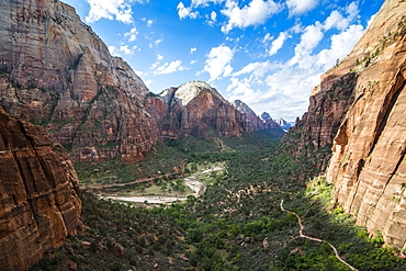 View over the cliffs of the Zion National Park and the Angel's Landing path, Zion National Park, Utah, United States of America, North America