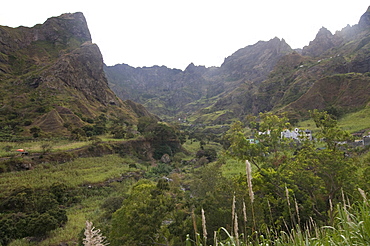 Mountain landscape with terraces and little houses, San Antao, Cape Verde Islands, Africa