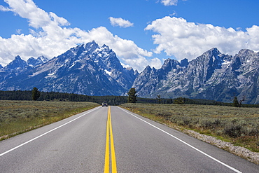 Road leading in the Teton range in the Grand Teton National Park, Wyoming, United States of America, North America