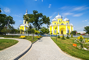 Park before the Russian Orthodox Church building in the center of Comrat capitol of republic of Gagauzia, Moldova