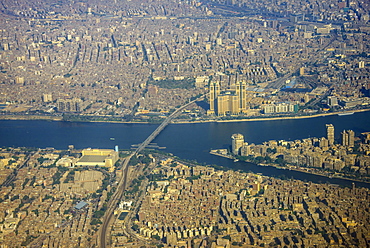 Aerial of the center of Cairo and the River Nile, Egypt, North Africa, Africa