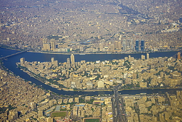 Aerial of the center of Cairo and the River Nile, Egypt, North Africa, Africa