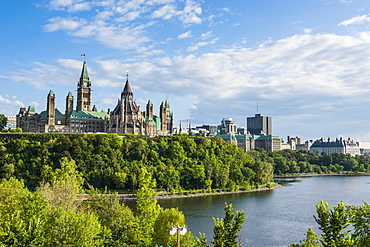 View over Ottawa with its Parliament Centre Block from Nepean Point, Ottawa Ontario, Canada, North America