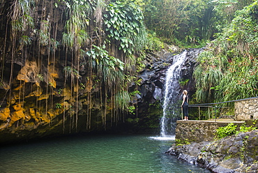 Woman looking at the Annandale Falls, Grenada, Windward Islands, West Indies, Caribbean, Central America