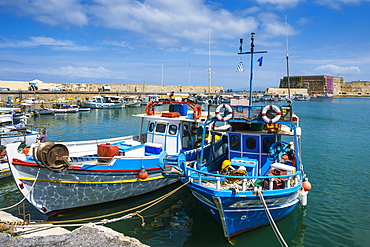 Fishing boats in the old harbour of Heraklion, Crete, Greek Islands, Greece, Europe 