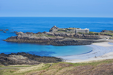 View over Chateau A L'Etoc (Chateau Le Toc) and Saye Beach, Alderney, Channel Islands, United Kingdom, Europe 