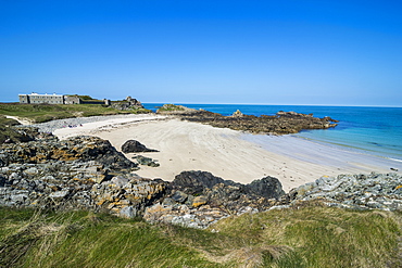 Corblets bay with Chateau A L'Etoc (Chateau Le Toc), Alderney, Channel Islands, United Kingdom, Europe 