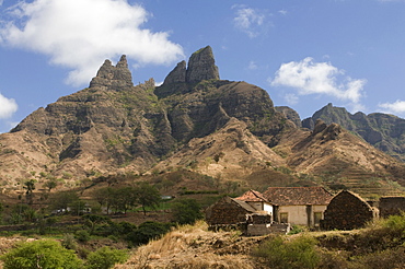 Rocky landscape with farm buildings, Santiago, Cape Verde, Africa