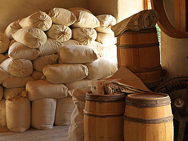 Upper Canada Village, stacked bags of flour at the Bellamy's Steam Flour Mill, Morrisburg, Ontario, Canada, North America