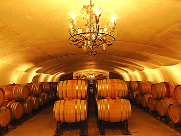 Wine barrels in cellar at Vineland Estates Winery, Vineland, Niagara Region, Ontario, Canada, North America