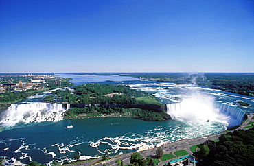 Aerial view of the American Falls and Canadian Falls with Goat Island and the Niagara River, Niagara Falls, Ontario, Canada, North America