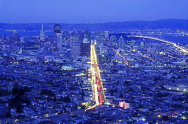 View of city at dusk from Twin Peaks, San Francisco, California, United States of America, North America