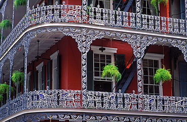 Detail of wrought iron balcony, French Quarter, New Orleans, Louisiana, United States of America, North America