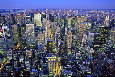 Aerial view of Manhattan at dusk, New York City, New York, United States of America, North America