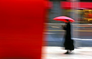 Woman with red umbrella, New York City, New York, United States of America, North America