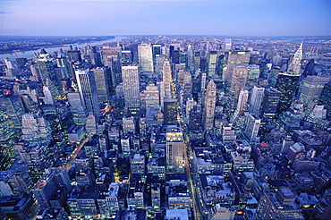 Aerial view of Manhattan at dusk, New York City, New York, United States of America, North America