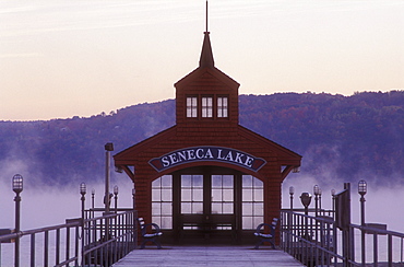 Boathouse for ferry service on Lake Seneca at dawn with mist rising, Seneca Lake, Watkins Glen, New York State, United States of America, North America