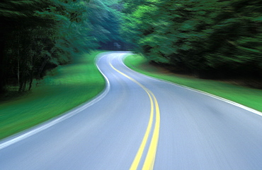 Road through woods, blur with center line, New York State, United States of America, North America