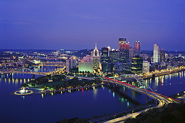 City skyline at dusk, Pittsburgh, Pennsylvania, United States of America, North America