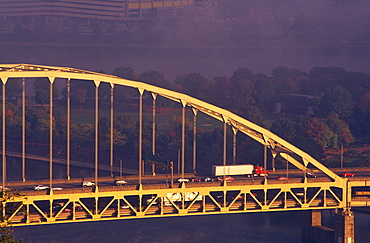 Vehicle traffic on bridge which crosses the Allegheny River, Pittsburgh, Pennsylvania, United States of America, North America