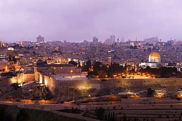 The walled city of the Old City, UNESCO World Heritage Site, at dusk, Jerusalem, Israel, Middle East