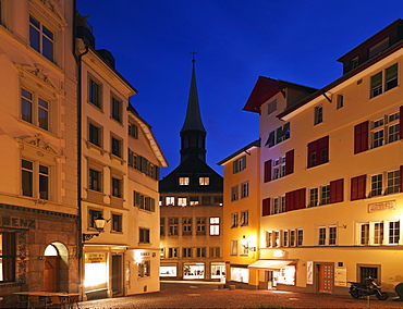 Street scene with view of Augustiner Church at dusk, Old Town, Zurich, Switzerland, Europe