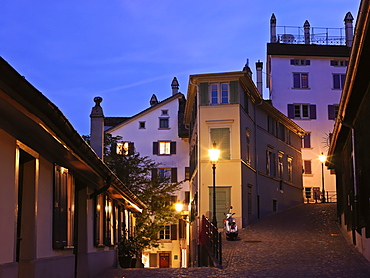 Street scene at dusk in Old Town, Zurich, Switzerland, Europe