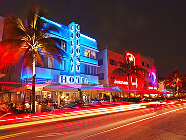 Restaurants at night on Ocean Drive, South Beach, Miami, Florida, United States of America, North America