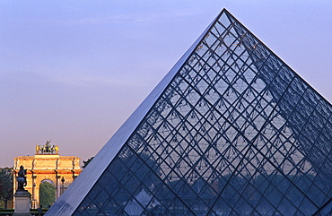 Pyramid by I M Pei at the Louvre and the Arc du Carrousal, Paris, France, Europe