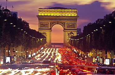 Champs Elysees, Arc de Triomphe and traffic at night, Paris, France, Europe