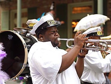 Trumpet player, second line parade, French Quarter, New Orleans, Louisiana, United States of American, North America