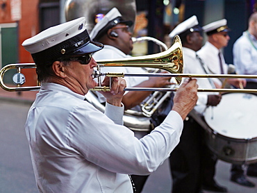 Trombone player, second line parade in the French Quarter, New Orleans, Louisiana, United States of America, North America