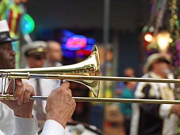 Trombone player, second line parade in the French Quarter, New Orleans, Louisiana, United States of America, North America