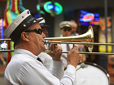 Trombone player, second line parade in the French Quarter, New Orleans, Louisiana, United States of America, North America