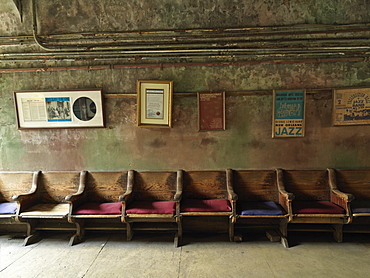 Wooden seating against the wall, Preservation Hall, French Quarter, New Orleans, Louisiana, United States of America, North America