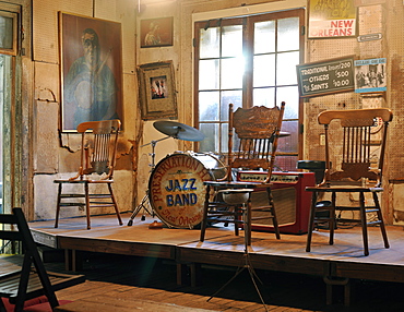 Preservation Hall stage with drum kit, French Quarter, New Orleans, Louisiana, United States of America, North America